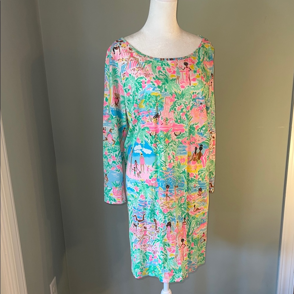 Lilly Pulitzer Pink and Blue Swim theme Print Dress Sz XL and Scarf OS (2 pieces